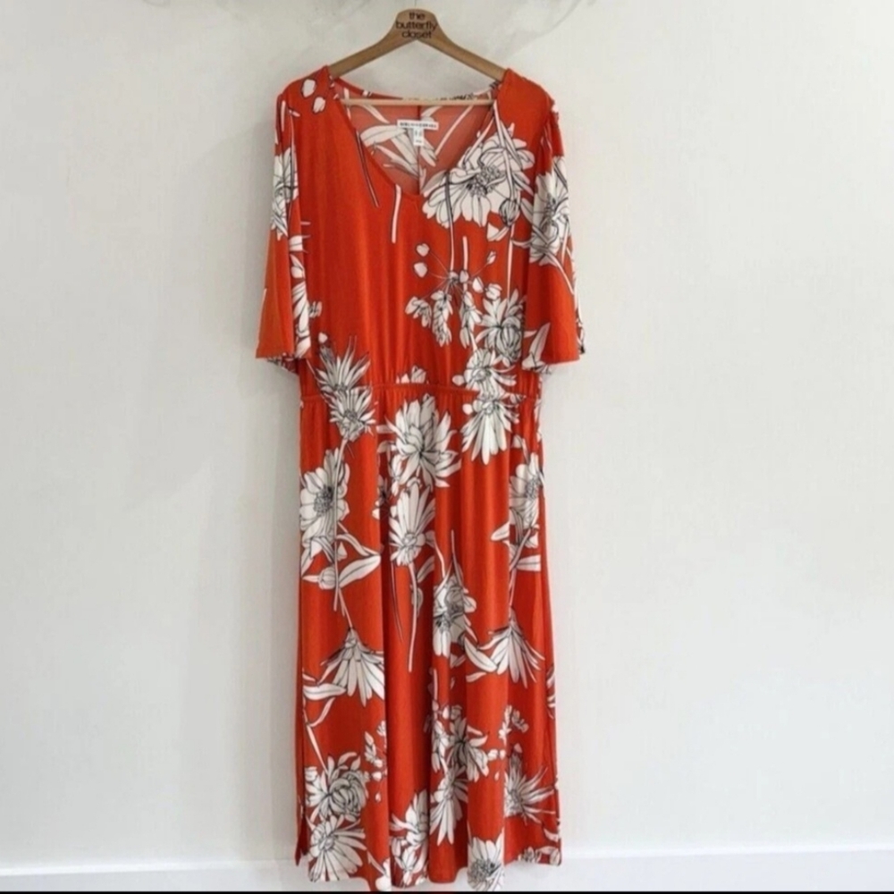 Girl With Curves Orange & White Floral V-Neck Flutter Sleeve Midi dress Size LT